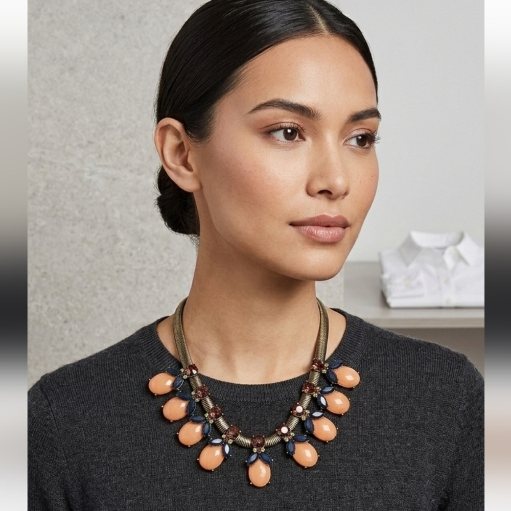BaubleBar Opaque Amber Navy Peach Pink Glass Scarab Style Statement Necklace 16”